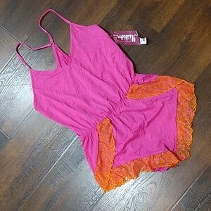 NEW Illusion BARBIE PINK HOT ROMPER SZ M ORANGE LACE TRIM LINGERIE SHORTS SUMMER